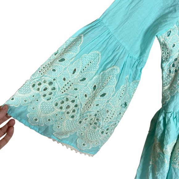 Ishin Women's Cotton Sea Green Schiffli Embroidered A-Line Dress Size Medium - Picture 3 of 7